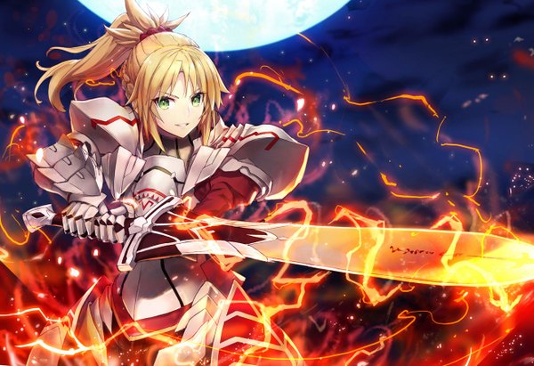 Anime picture 1311x900 with fate (series) fate/grand order mordred (fate) gabiran single long hair looking at viewer fringe blonde hair smile standing holding green eyes payot cloud (clouds) outdoors ponytail braid (braids) parted lips wind