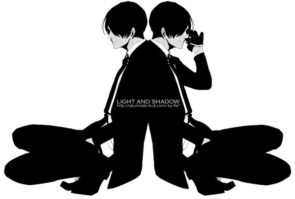 Anime picture 883x598 with original re (artist) fringe short hair black hair simple background white background profile monochrome squat smoking back to back boy gloves shirt black gloves necktie shoes white shirt suit