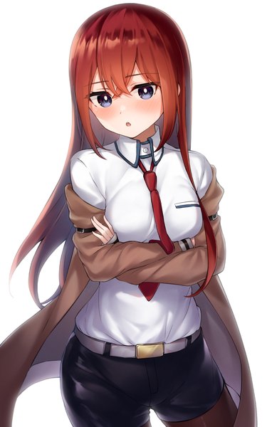 Anime picture 818x1310 with steins;gate white fox makise kurisu pizza (pizzania company) single long hair tall image blush fringe blue eyes simple background hair between eyes brown hair standing white background crossed arms girl necktie