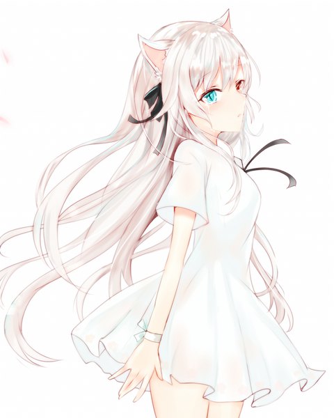 Anime picture 1163x1453 with original fyy (fyy8494) single long hair tall image looking at viewer blush fringe breasts simple background hair between eyes red eyes standing white background animal ears silver hair aqua eyes cat ears short sleeves tears