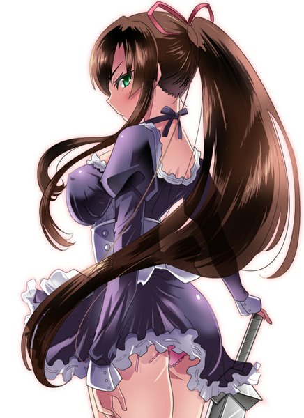 Anime picture 600x825 with strike the blood kirasaka sayaka 05 (passelclow) single long hair tall image looking at viewer blush breasts light erotic simple background brown hair large breasts standing white background green eyes payot ponytail profile from behind