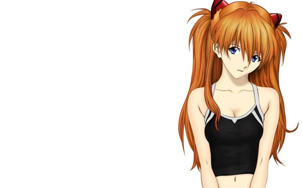Anime picture 1680x1050 with neon genesis evangelion gainax soryu asuka langley long hair looking at viewer blue eyes simple background wide image white background bare shoulders orange hair girl navel hair ornament