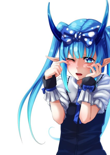 Anime picture 744x1052 with original ruuto (sorufu) single long hair tall image blush open mouth blue eyes simple background white background twintails blue hair one eye closed horn (horns) pointy ears wink tears crying hand on face girl