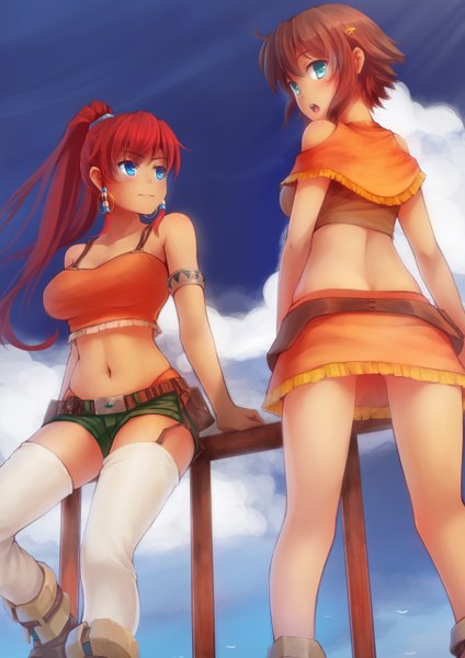 Anime picture 905x1280 with suisei no gargantia production i.g amy (suisei no gargantia) bellows (suisei no gargantia) ricegnat long hair tall image blush short hair open mouth blue eyes light erotic smile brown hair multiple girls sky cloud (clouds) ponytail red hair looking back