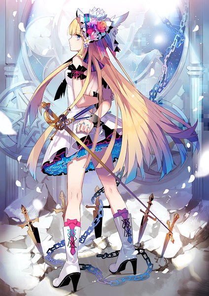 Anime picture 672x950 with original eihi single long hair tall image looking at viewer fringe blue eyes blonde hair full body blunt bangs nail polish profile from behind high heels hands behind back holding arm girl weapon hat