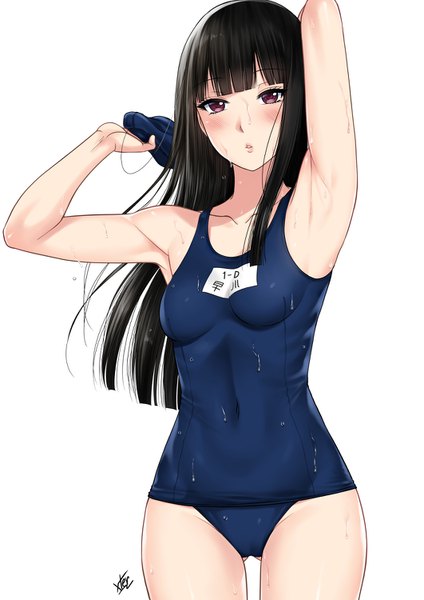 Anime picture 1061x1500 with original xtermination single long hair tall image looking at viewer blush fringe breasts light erotic black hair simple background red eyes standing white background signed payot blunt bangs parted lips arms up