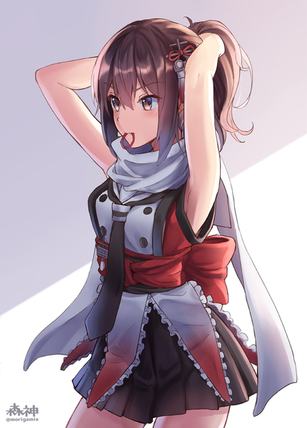 Anime picture 717x1000 with kantai collection sendai light cruiser morigami (morigami no yashiro) single long hair tall image blush fringe short hair simple background hair between eyes brown hair standing holding brown eyes signed payot looking away ponytail pleated skirt