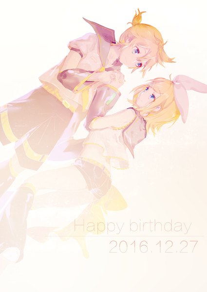 Anime picture 2150x3035 with vocaloid kagamine rin kagamine len yyb tall image fringe highres short hair blue eyes simple background blonde hair hair between eyes ponytail holding hands dated siblings twins happy birthday sailor collar brother and sister