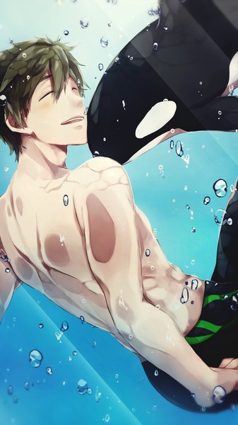 Anime picture 1200x2133 with free! kyoto animation tachibana makoto mukkun tall image blush short hair open mouth smile eyes closed green hair underwater shirtless boy bubble (bubbles) grampus