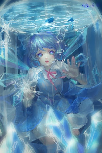 Anime picture 2304x3456 with touhou cirno kamachi kamachi-ko single tall image looking at viewer highres short hair open mouth blue eyes signed blue hair underwater against glass girl dress bow hair bow wings bubble (bubbles)