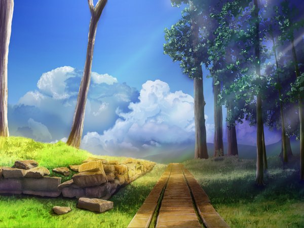 Anime picture 1600x1200 with original geshi sky cloud (clouds) plant (plants) tree (trees) grass path