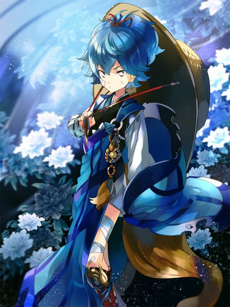 Anime picture 600x800 with touken ranbu nitroplus sayo samonji noki (affabile) single tall image looking at viewer short hair standing blue hair traditional clothes japanese clothes black eyes eyebrows boy flower (flowers) ribbon (ribbons) plant (plants) hair ribbon hat
