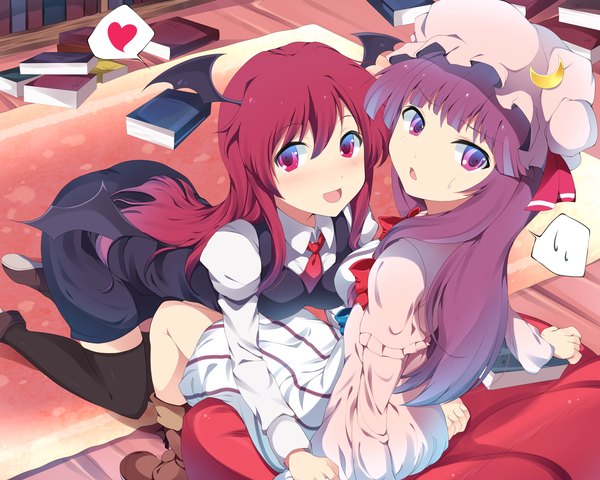 Anime picture 1900x1520 with touhou patchouli knowledge koakuma xjr1250 long hair blush highres open mouth smile red eyes sitting purple eyes multiple girls purple hair red hair crescent girl thighhighs dress black thighhighs