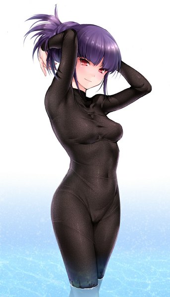 Anime picture 550x960 with pokemon nintendo sabrina (pokemon) akira (natsumemo) single long hair tall image looking at viewer blush fringe light erotic smile red eyes standing purple hair hair bun (hair buns) adjusting hair arms behind head girl navel