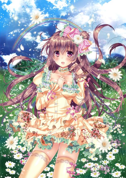 Anime picture 2489x3500 with original itou seto single long hair tall image looking at viewer blush highres open mouth brown hair purple eyes absurdres scan official art girl thighhighs dress flower (flowers) bow hair bow