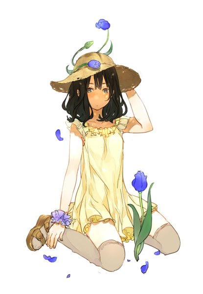 Anime picture 900x1300 with original nora (kukumaka23) single tall image looking at viewer blush short hair blue eyes black hair simple background white background sitting arm support :o adjusting hat girl thighhighs dress flower (flowers) hat