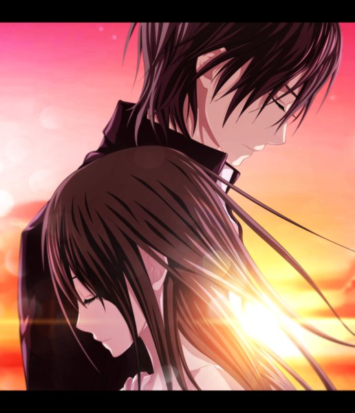 Anime picture 869x1010 with vampire knight studio deen cross yuki clan kaname tremblax long hair tall image short hair brown hair sky cloud (clouds) eyes closed profile sunlight couple coloring evening sunset letterboxed girl
