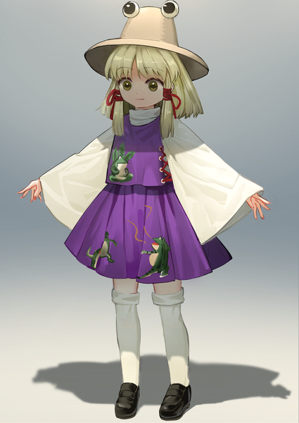 Anime picture 1290x1821 with touhou moriya suwako suna (s73d) single tall image short hair simple background blonde hair standing brown eyes looking away full body grey background shadow gradient background spread arms expressionless animal print tress ribbon animal eyes