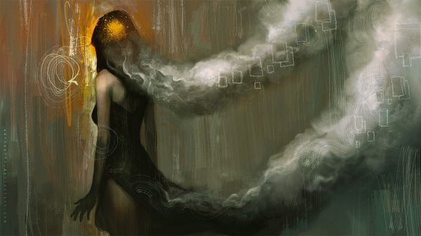 Anime picture 1247x700 with aditya777 (artist) single long hair wide image bare shoulders signed from behind smoke girl dress