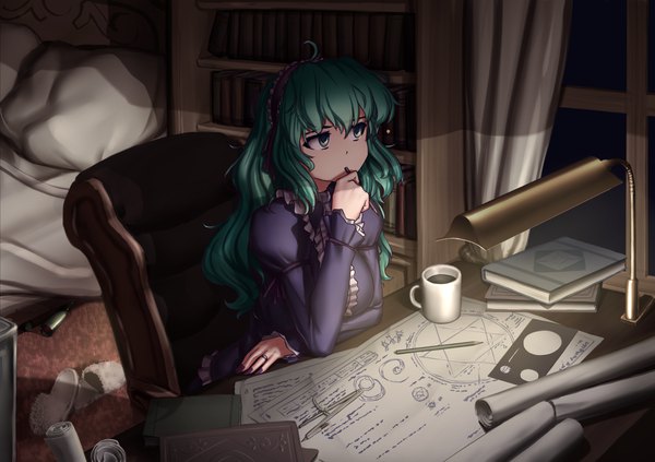 Anime picture 1960x1383 with touhou layla prismriver hater (hatater) single long hair fringe highres breasts hair between eyes sitting holding green eyes payot looking away ahoge indoors long sleeves nail polish fingernails green hair