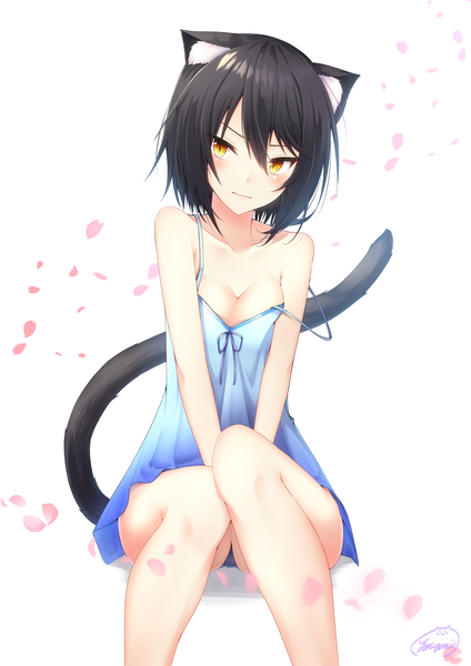 Anime picture 2480x3508 with original yorugami rei single tall image blush fringe highres short hair light erotic hair between eyes white background sitting bare shoulders signed animal ears yellow eyes tail animal tail cat ears cat tail