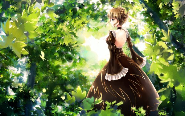 Anime picture 1440x900 with umineko no naku koro ni beatrice vienri single blush fringe short hair blue eyes brown hair wide image profile wallpaper back girl dress plant (plants) tree (trees) insect butterfly forest