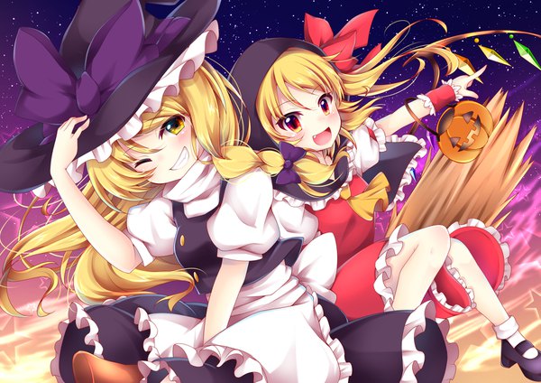 Anime picture 1771x1254 with touhou flandre scarlet kirisame marisa sisterakuma long hair looking at viewer highres open mouth blonde hair smile red eyes multiple girls yellow eyes sky braid (braids) short sleeves fang (fangs) puffy sleeves grin one side up