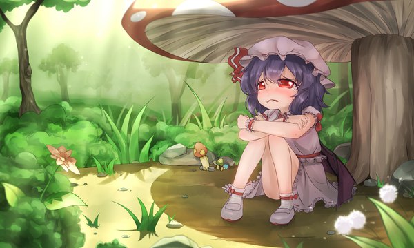 Anime picture 2000x1200 with touhou remilia scarlet qys3 single highres short hair red eyes wide image sitting outdoors parted lips sunlight tears crossed arms crying sunbeam bat wings sad frown convenient leg