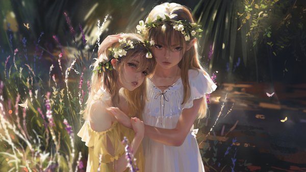 Anime picture 1600x900 with original g-tz long hair looking at viewer blush fringe blonde hair hair between eyes wide image standing multiple girls green eyes signed outdoors parted lips lips realistic siblings sisters hand on another's head