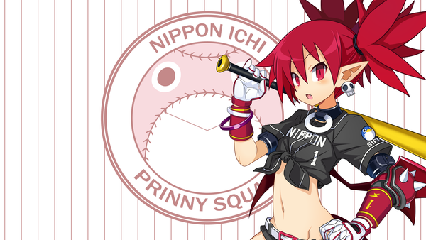 Anime picture 3840x2160 with disgaea etna (disgaea) dekodere single looking at viewer fringe highres short hair hair between eyes red eyes wide image twintails absurdres red hair pointy ears wallpaper hand on hip vector striped background baseball