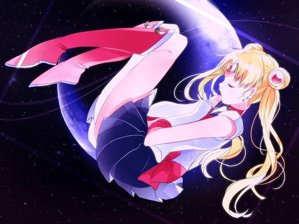 Anime picture 1600x1200 with bishoujo senshi sailor moon toei animation tsukino usagi sailor moon hukikojyakku single long hair blonde hair twintails eyes closed profile hair bun (hair buns) girl skirt gloves hair ornament boots white gloves moon