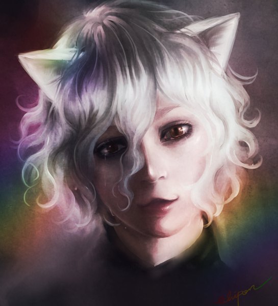 Anime picture 1000x1100 with hunter x hunter neferupito pooton0828 single tall image looking at viewer fringe short hair simple background hair between eyes brown eyes signed animal ears silver hair light smile cat ears realistic portrait dark background wavy hair