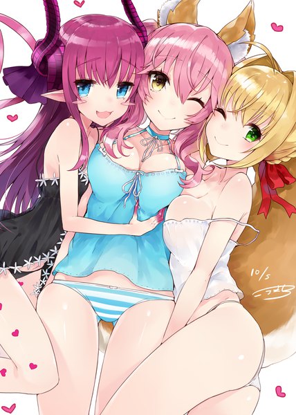 Anime picture 1500x2104 with fate (series) fate/extra fate/extra ccc nero claudius (fate) (all) tamamo (fate) (all) nero claudius (fate) tamamo no mae (fate) elizabeth bathory (fate) (all) elizabeth bathory (fate) kou mashiro long hair tall image looking at viewer blush fringe short hair breasts open mouth blue eyes light erotic