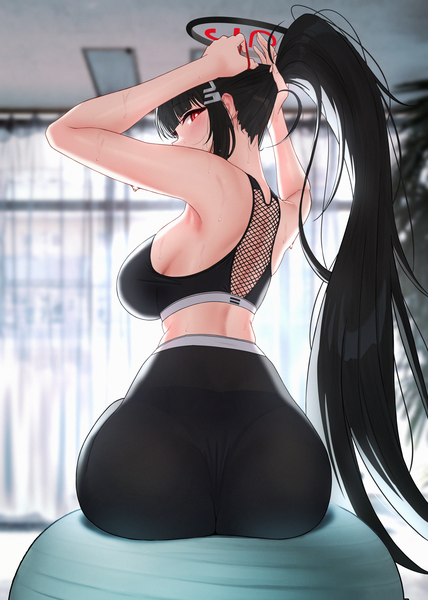 Anime picture 1399x1962 with blue archive rio (blue archive) solar (happymonk) single long hair tall image looking at viewer blush fringe breasts light erotic black hair red eyes large breasts sitting payot ass ponytail indoors profile