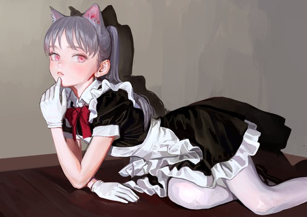 Anime picture 1414x1000 with original feiqizi (fkey) fkey single long hair looking at viewer blush fringe animal ears bent knee (knees) ponytail indoors parted lips pink eyes grey hair cat ears shadow short sleeves maid cat girl