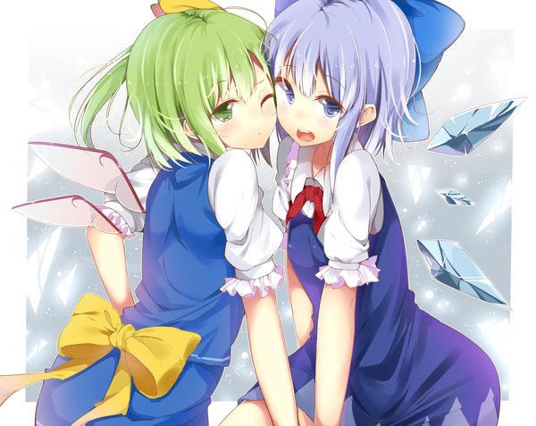 Anime picture 2500x1990 with touhou cirno daiyousei dzuu highres short hair open mouth blue eyes multiple girls green eyes blue hair one eye closed green hair wink one side up cheek-to-cheek girl dress bow 2 girls
