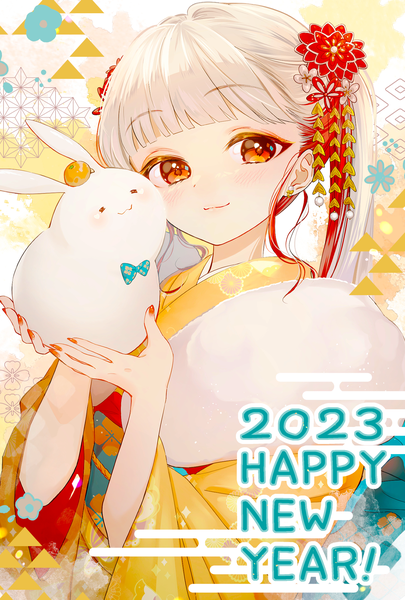 Anime picture 1378x2039 with original rubianeko single long hair tall image fringe red eyes twintails upper body white hair blunt bangs nail polish traditional clothes japanese clothes new year happy new year egasumi 2023 cheek-to-cheek girl