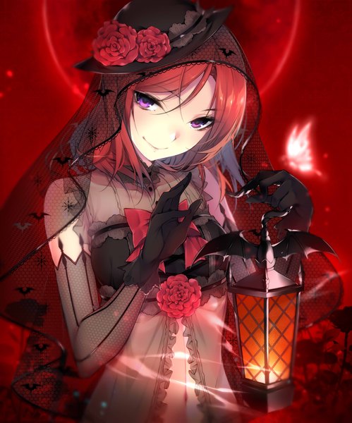 Anime picture 3287x3951 with love live! school idol project love live! school idol festival sunrise (studio) love live! nishikino maki hario 4 single tall image looking at viewer fringe highres short hair simple background smile hair between eyes purple eyes holding absurdres upper body red hair