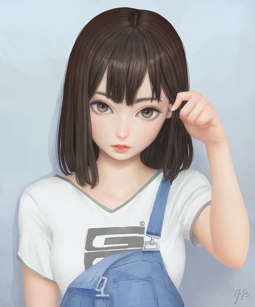 Anime picture 800x962 with original geo siador single tall image looking at viewer fringe short hair simple background brown hair signed upper body parted lips head tilt lips realistic grey background grey eyes adjusting hair dated girl