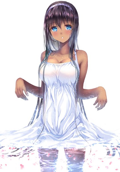 Anime picture 630x900 with original ponytail korosuke single tall image looking at viewer blush blue eyes white background purple hair very long hair dark skin wet clothes girl water sundress