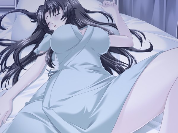 Anime picture 1200x900 with doutei clinic (game) long hair light erotic black hair game cg eyes closed sleeping girl