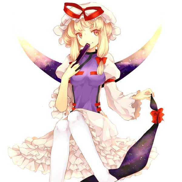 Anime picture 1000x1000 with touhou yakumo yukari hillly (maiwetea) single short hair simple background blonde hair smile white background sitting brown eyes looking away mole mole under eye girl thighhighs dress bow hair bow white thighhighs