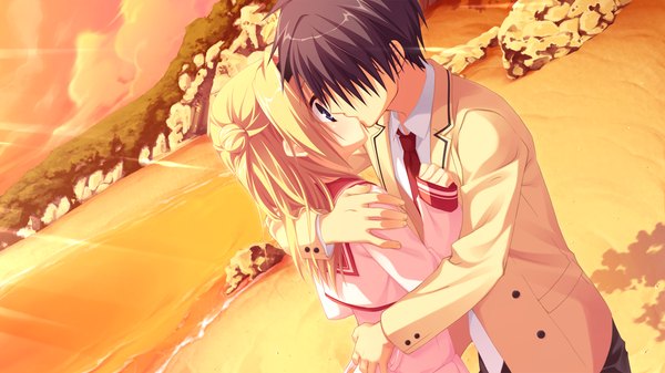 Anime picture 1280x720 with tenshinranman chitose sana chitose haruki muririn long hair blush blue eyes blonde hair brown hair wide image game cg hug beach evening sunset kiss girl boy uniform school uniform