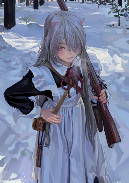Anime-Bild 1000x1415 mit original fkey single long hair tall image blush fringe open mouth standing holding animal ears looking away outdoors long sleeves pink eyes from above grey hair cat ears hair over one eye maid