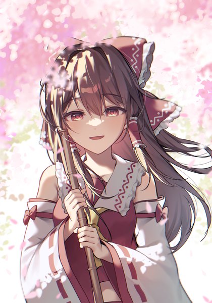 Anime picture 2100x3000 with touhou hakurei reimu kurobikari single long hair tall image looking at viewer fringe highres open mouth hair between eyes red eyes brown hair upper body outdoors traditional clothes :d japanese clothes wind nontraditional miko