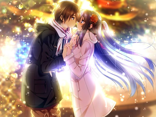 Anime picture 1200x900 with amakano takayashiro sayuki yuuki (amakano) piromizu long hair blush short hair blue eyes black hair brown hair brown eyes game cg profile wind couple holding hands evening christmas winter face to face