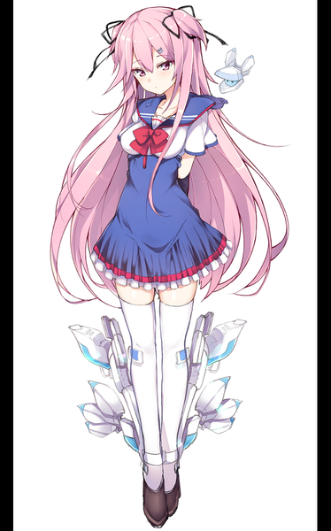 Anime picture 600x962 with original haruyuki (yukichasoba) single long hair tall image blush fringe simple background hair between eyes white background pink hair full body pink eyes two side up embarrassed hands behind back girl thighhighs ribbon (ribbons) hair ribbon