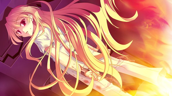 Anime picture 1280x720 with strawberry feels long hair blonde hair red eyes wide image game cg looking back girl fire