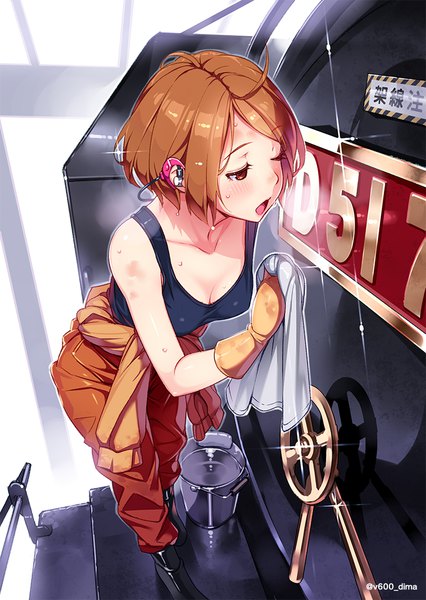 Anime picture 805x1134 with rail wars! sasshou mari vania600 single tall image blush fringe short hair breasts open mouth light erotic brown hair bare shoulders brown eyes signed cleavage full body ahoge indoors one eye closed