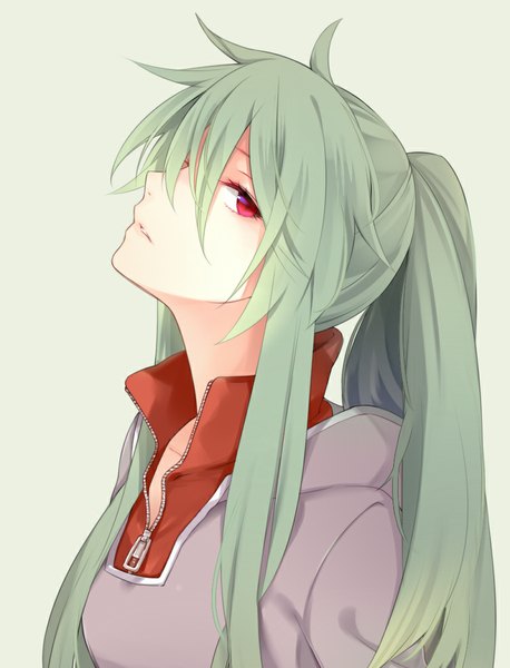 Anime picture 800x1048 with kagerou project shaft (studio) kido tsubomi ocha_(hutuumikan) single long hair tall image looking at viewer simple background red eyes ponytail profile aqua hair girl